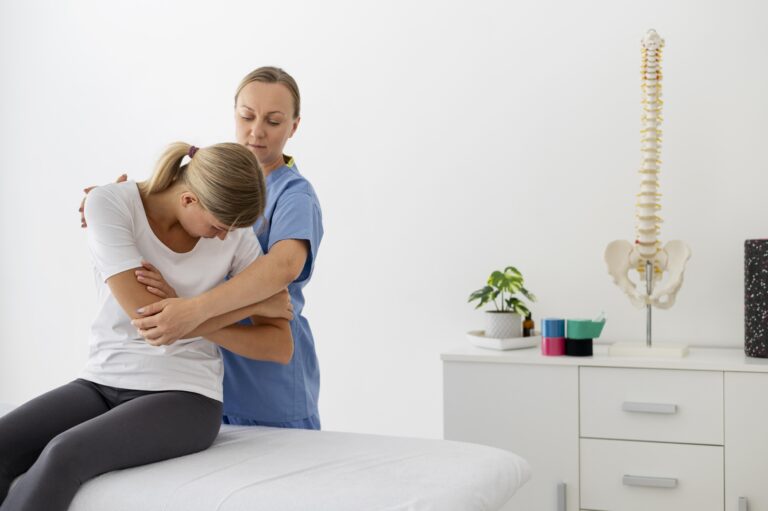physiotherapist-helping-young-female-patient-her-clinic